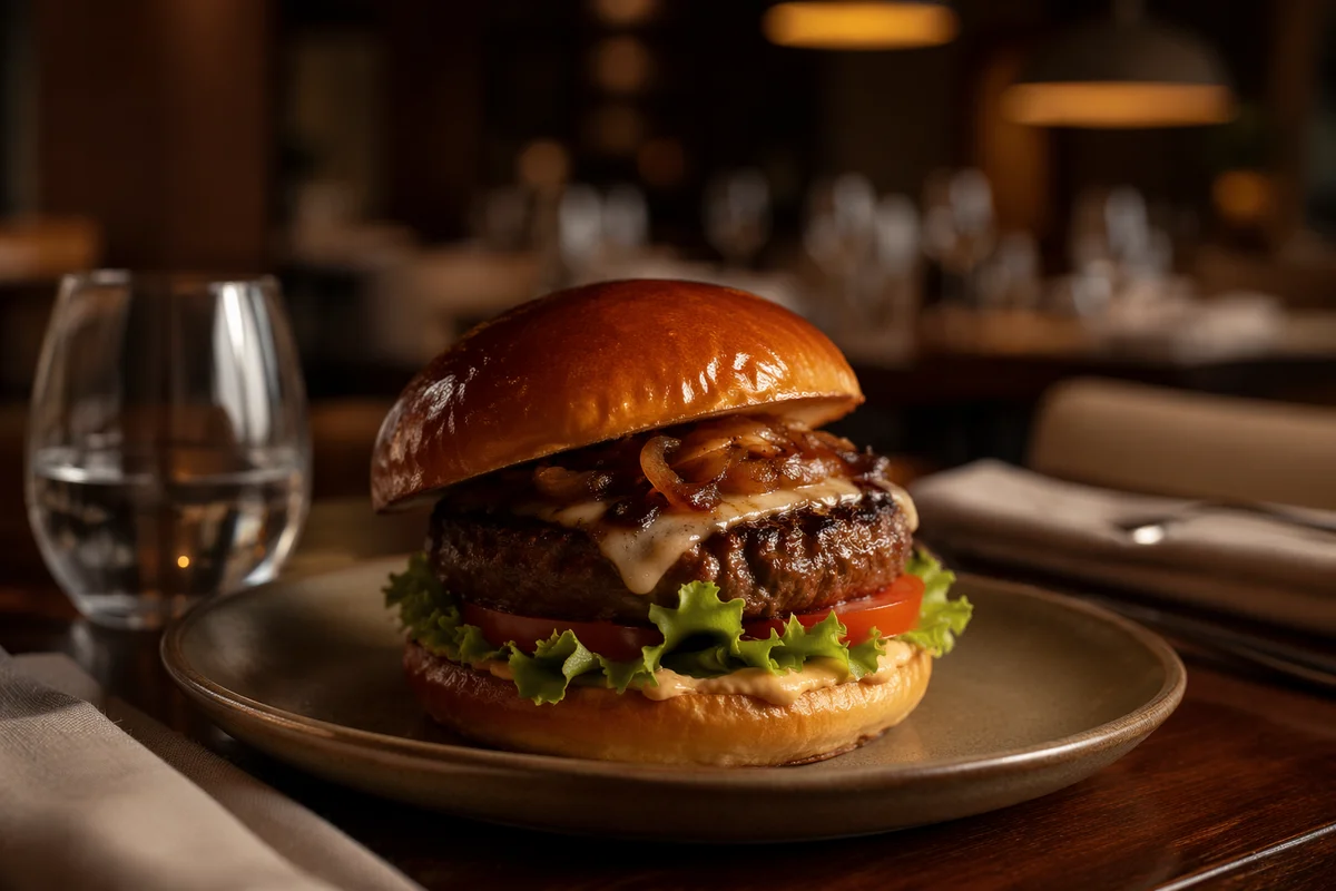 Gourmet Burger Close Up in Restaurant