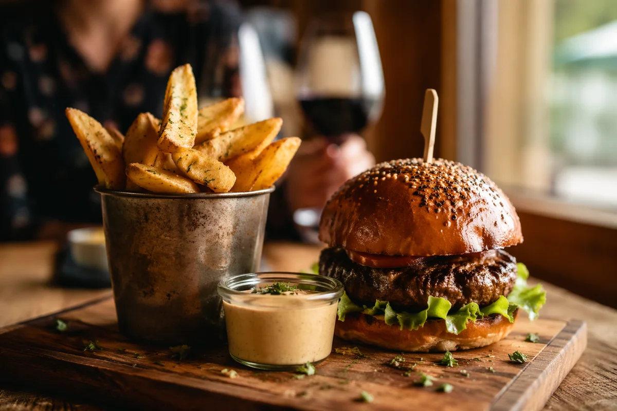 Gourmet Restaurant Burger and Seasoned Wedges