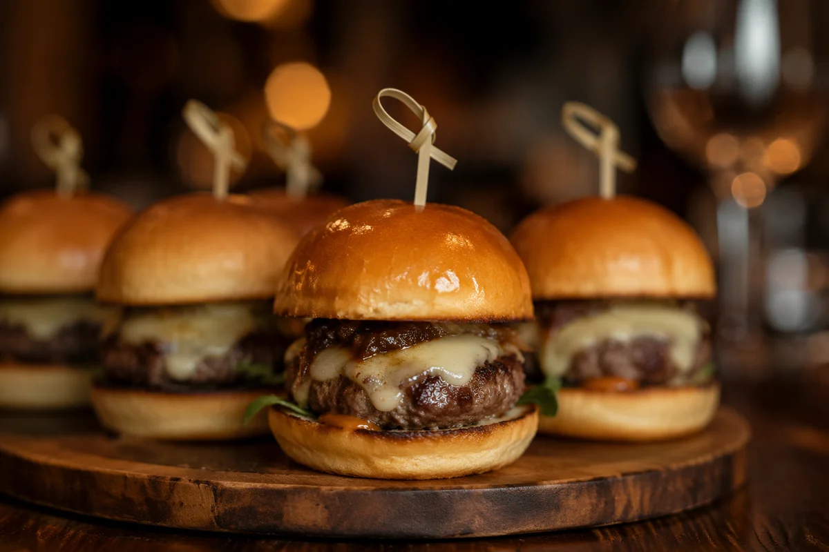 Gourmet Mini Burgers on Wooden Board