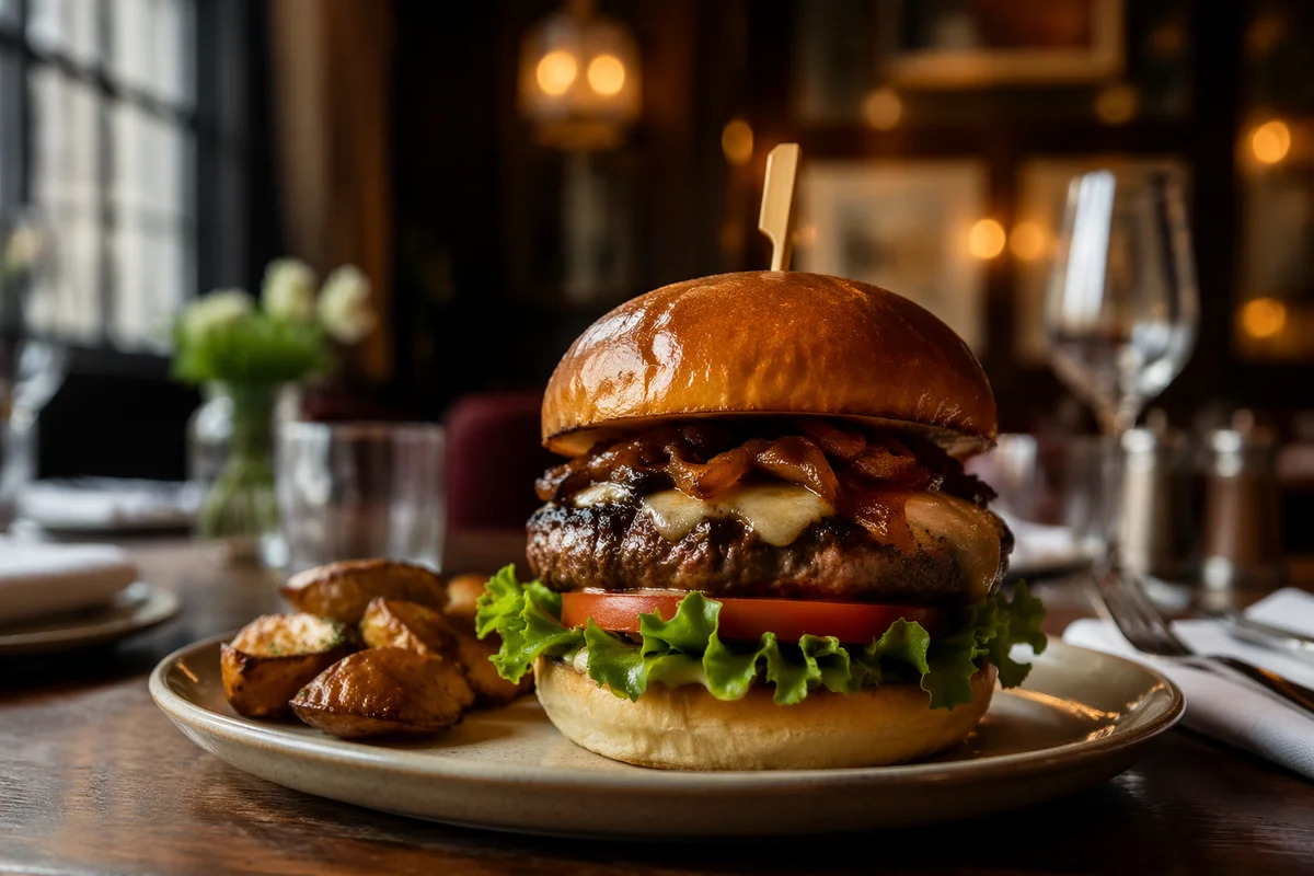 Gourmet Burger Close-Up in Upscale Restaurant