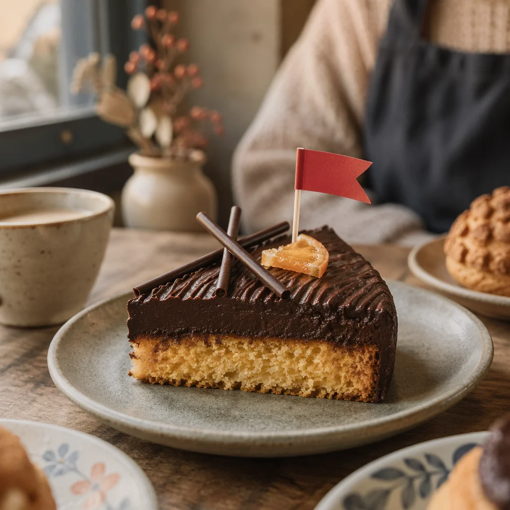 Decorated Chocolate Cake Slice in Cozy Bakery