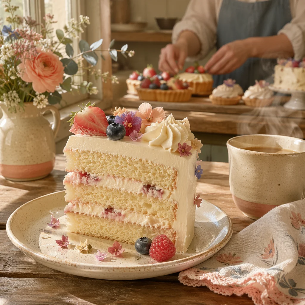 Decorated Vanilla Cake Slice in Cozy Bakery