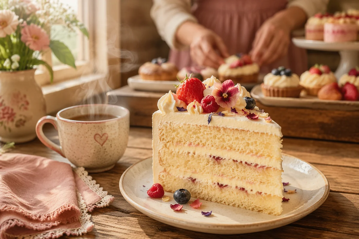 Folk Art Vanilla Cake Slice in Bakery