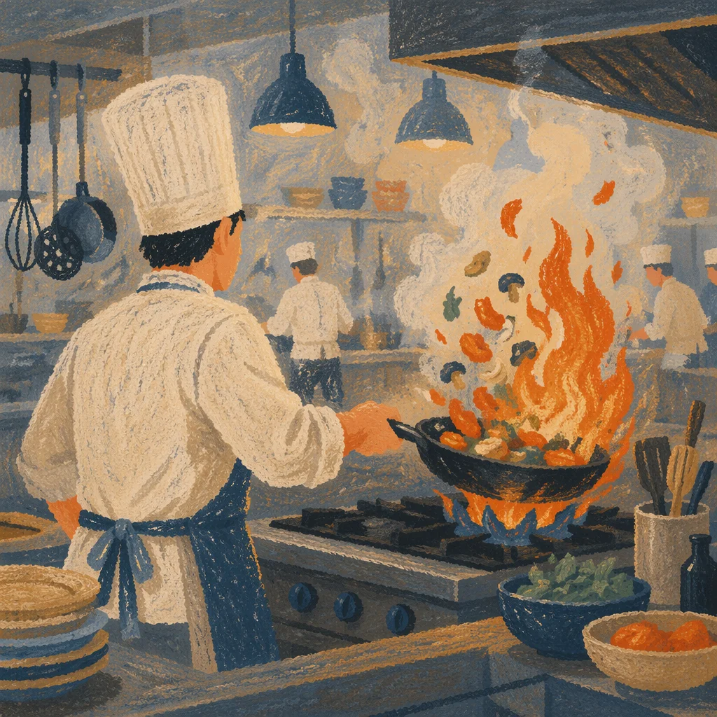 Chef Tossing Vegetables Over Kitchen Flame