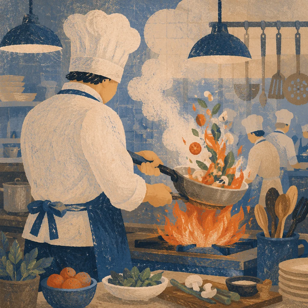 Chef Flambé in Busy Night Kitchen