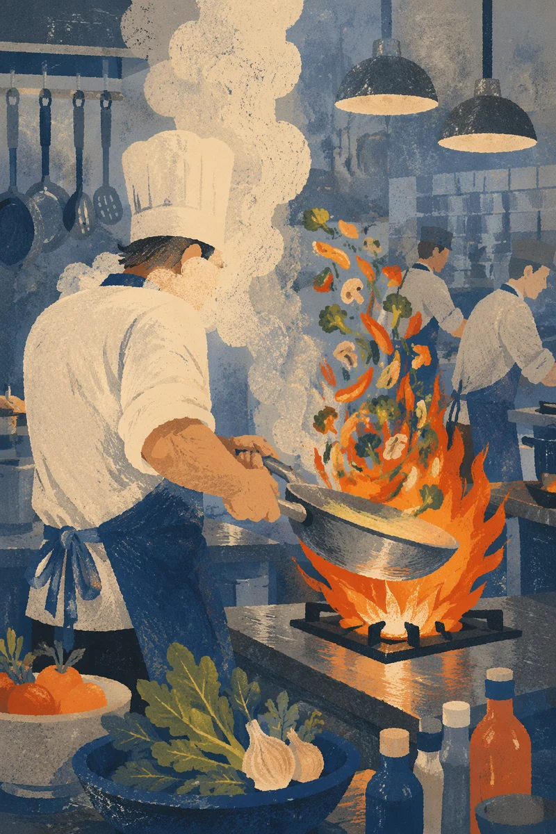 Chef Flambé in Busy Night Kitchen