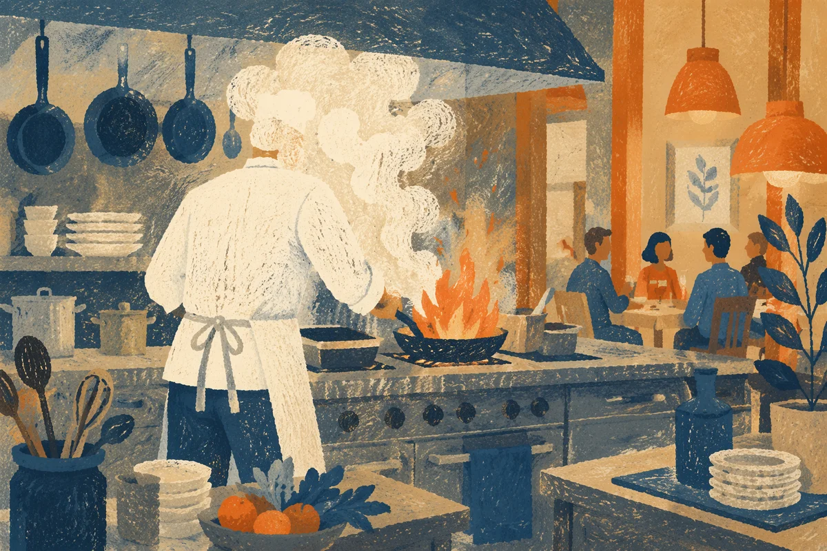 Chef Cooking with Flame in Restaurant Kitchen