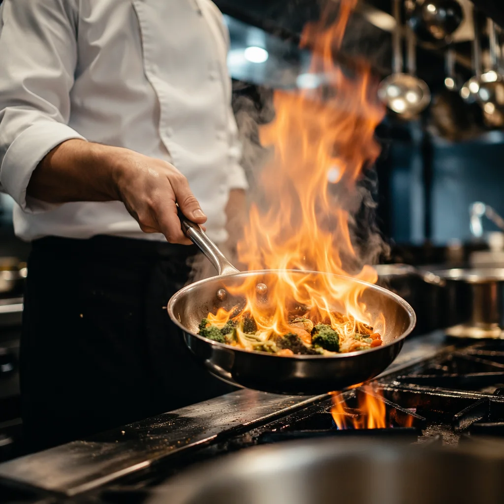 Chef Tossing Vegetables Over Kitchen Flame