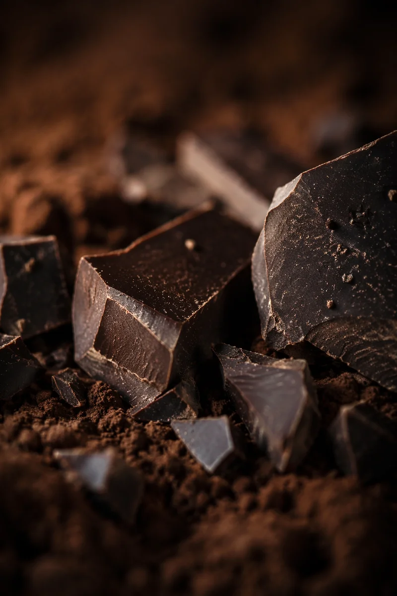 Dark Chocolate Shards on Cocoa Powder