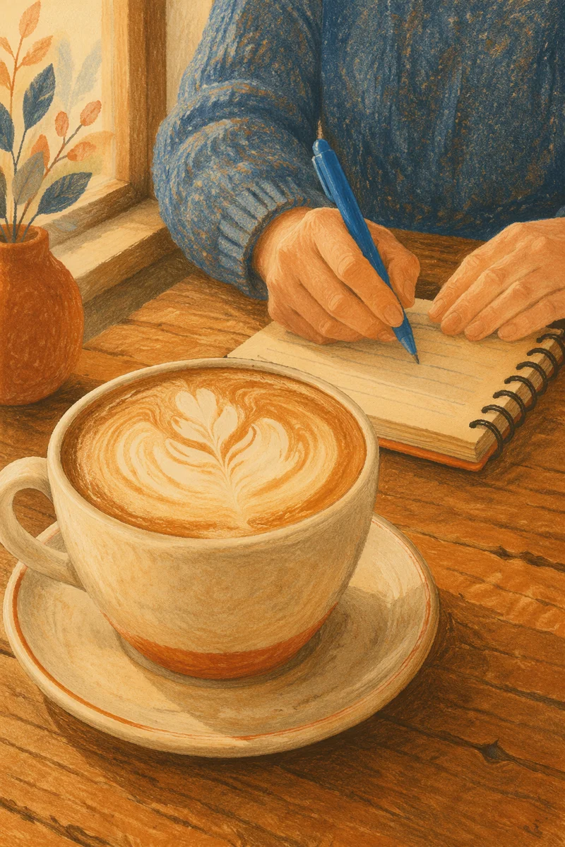 Morning Cappuccino with Notebook in Cozy Cafe
