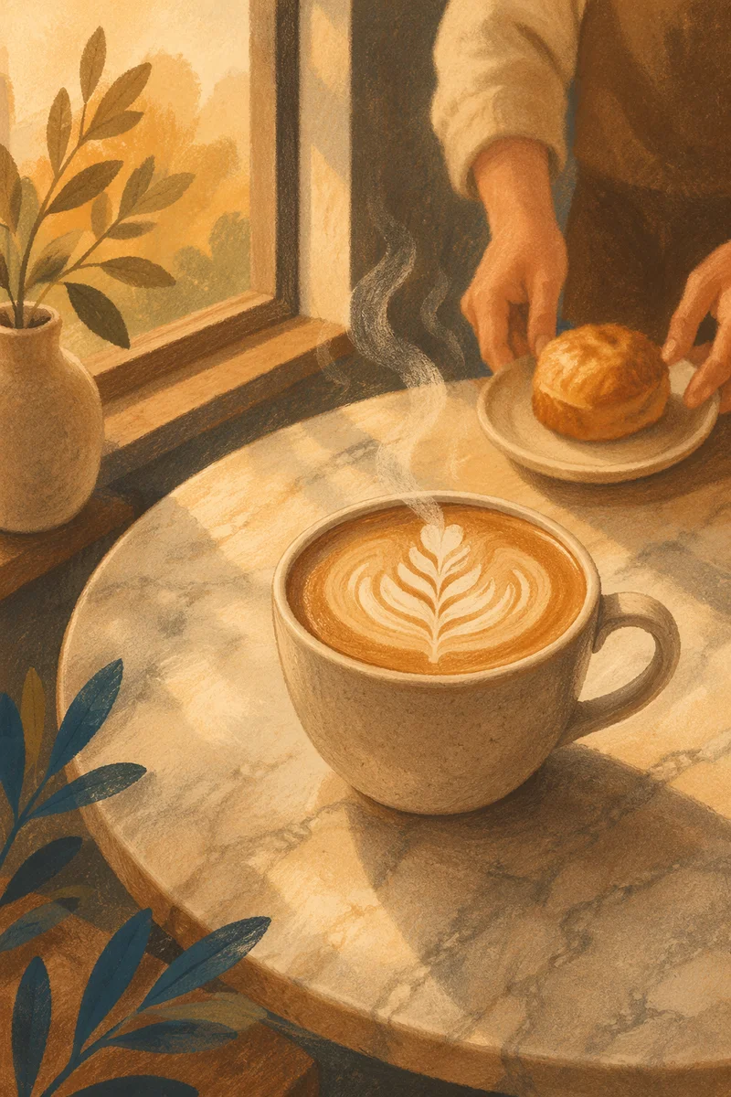 Sunlit Morning Latte on Marble Table
