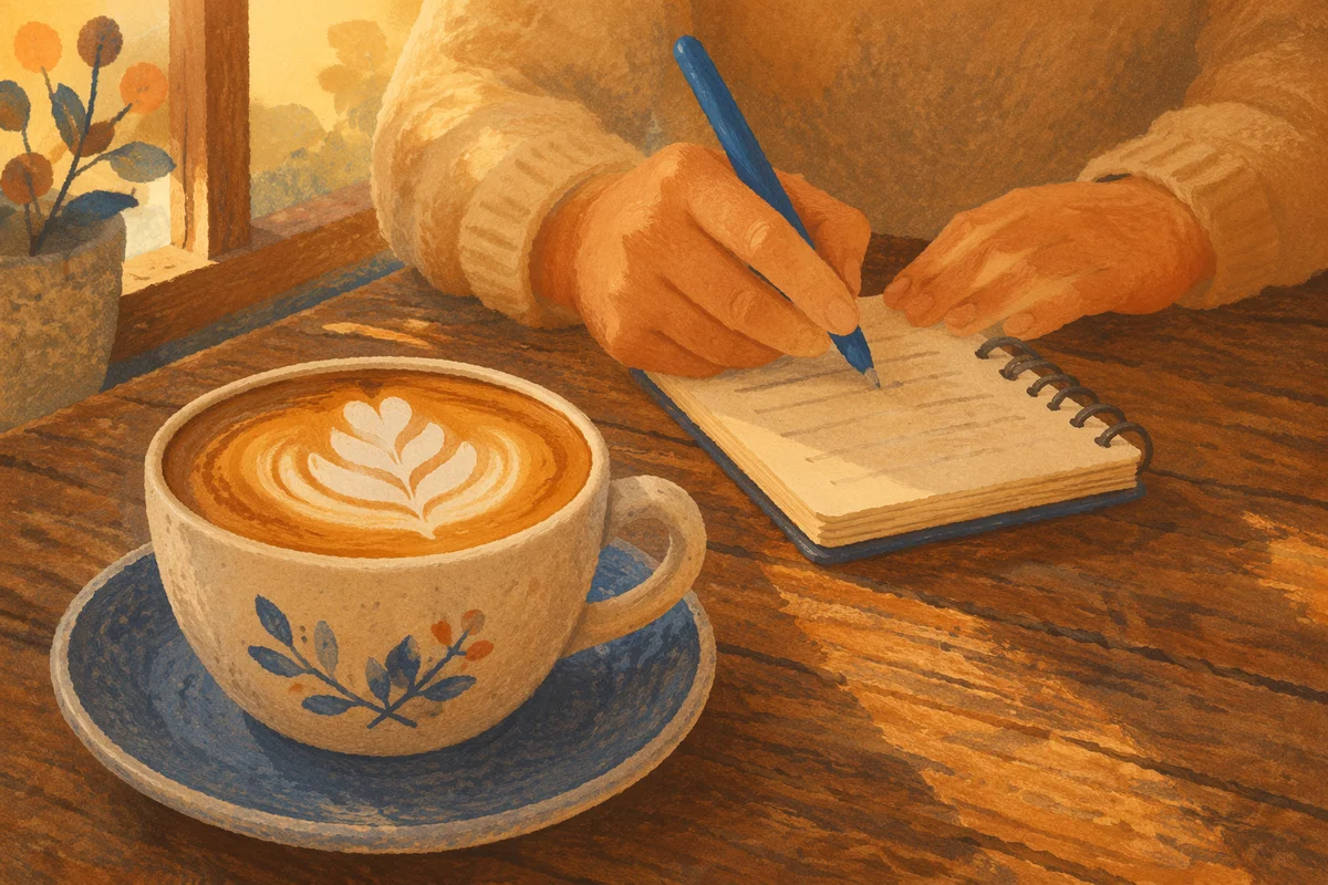 Morning Cappuccino with Notebook in Cafe