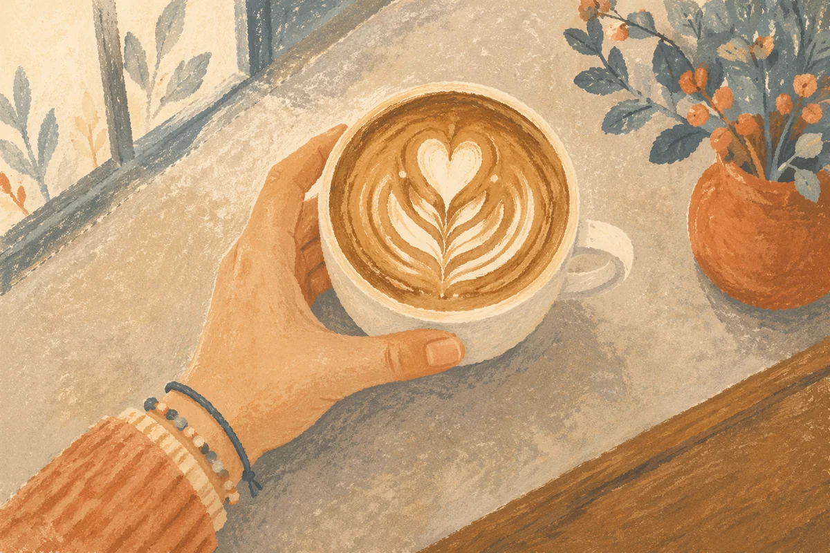 Morning Latte Cup with Heart Leaf Art