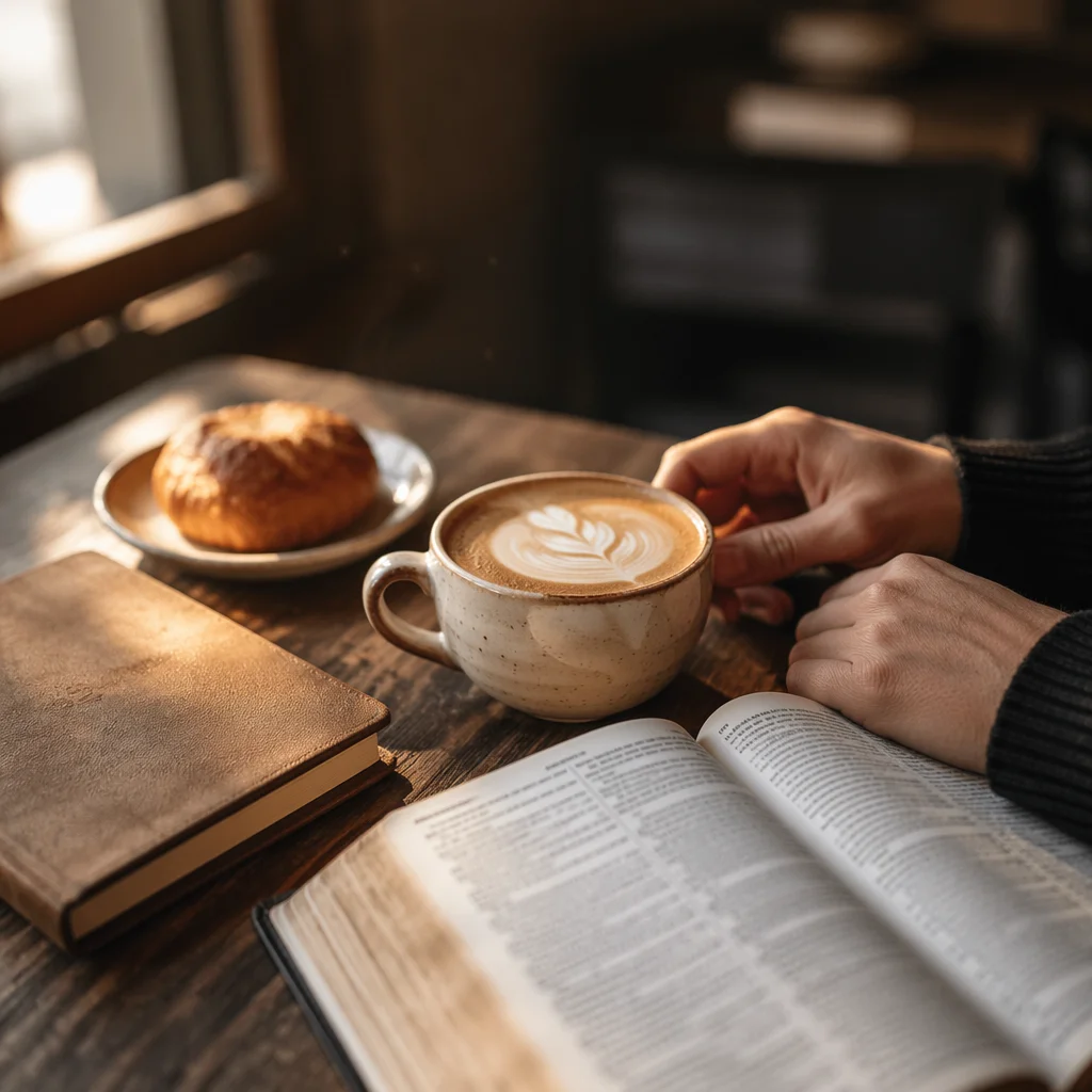 Morning Latte and Pastry on Wooden Table