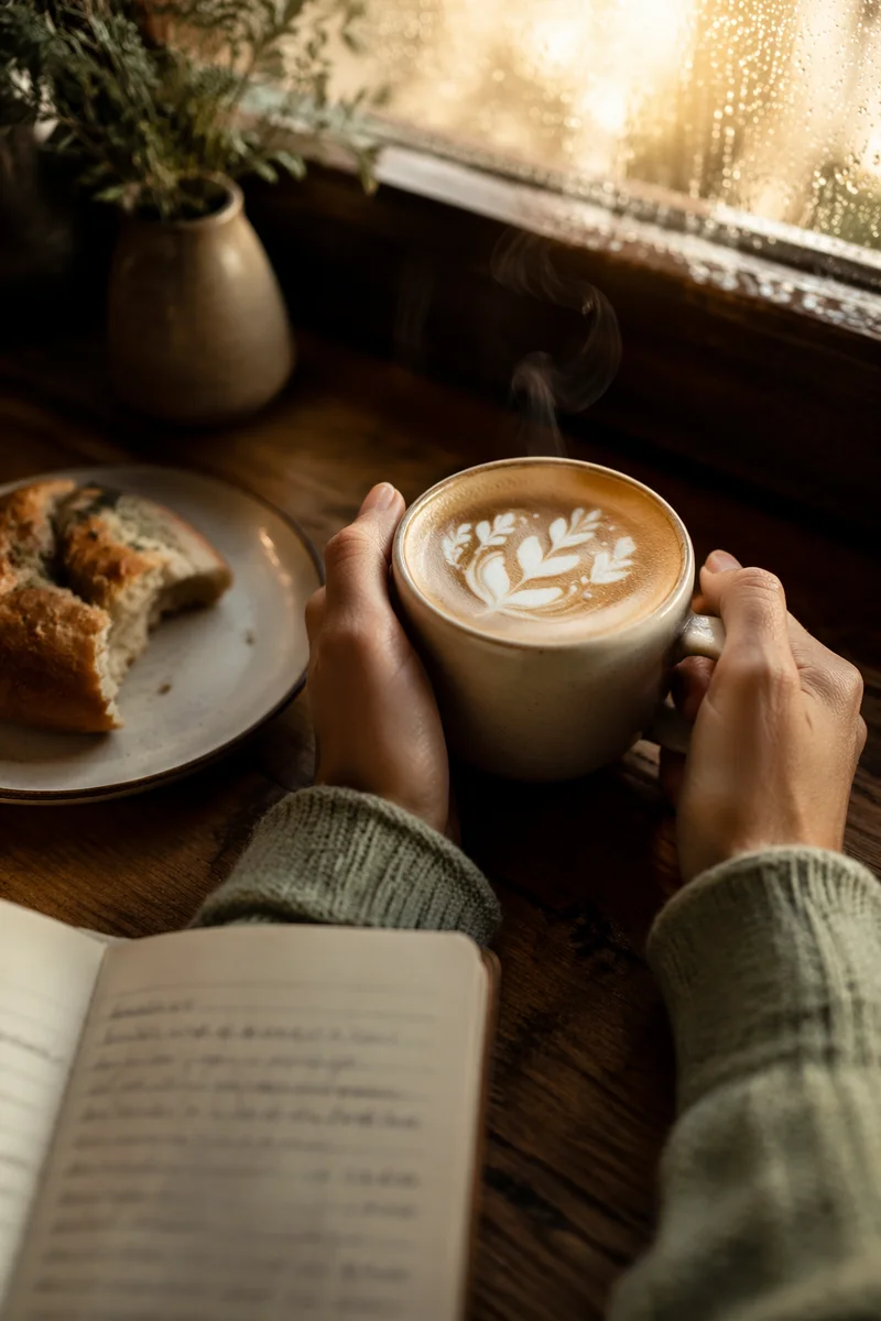Morning Latte and Bread by Window