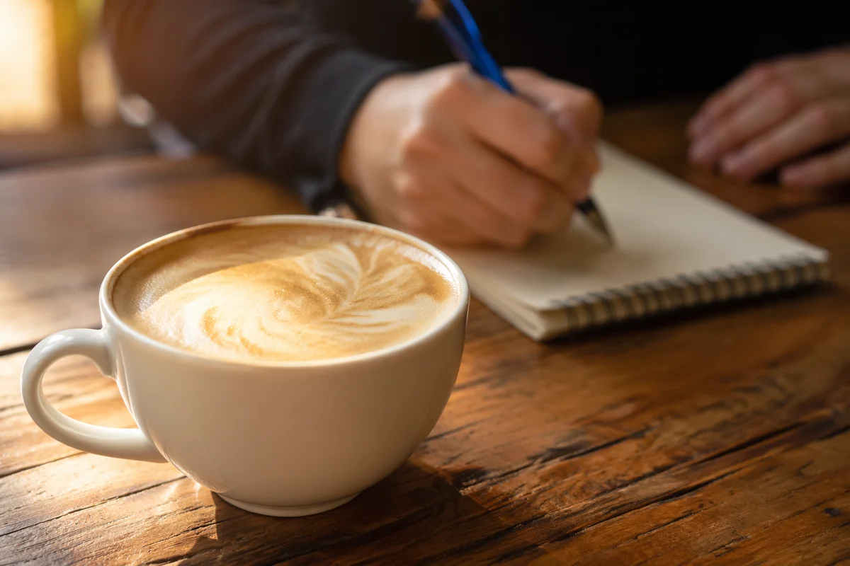 Morning Cappuccino with Notebook in Cozy Cafe
