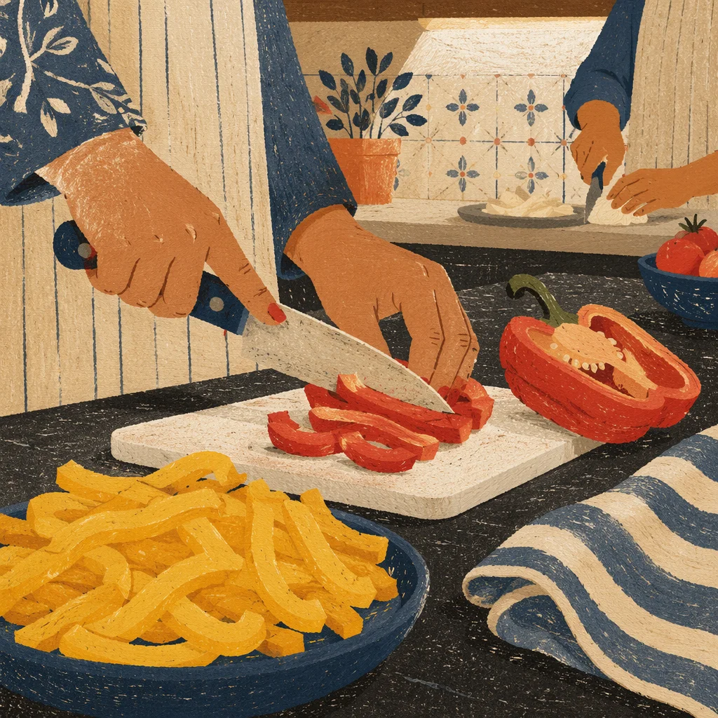 Hands Slicing Peppers in Cozy Kitchen