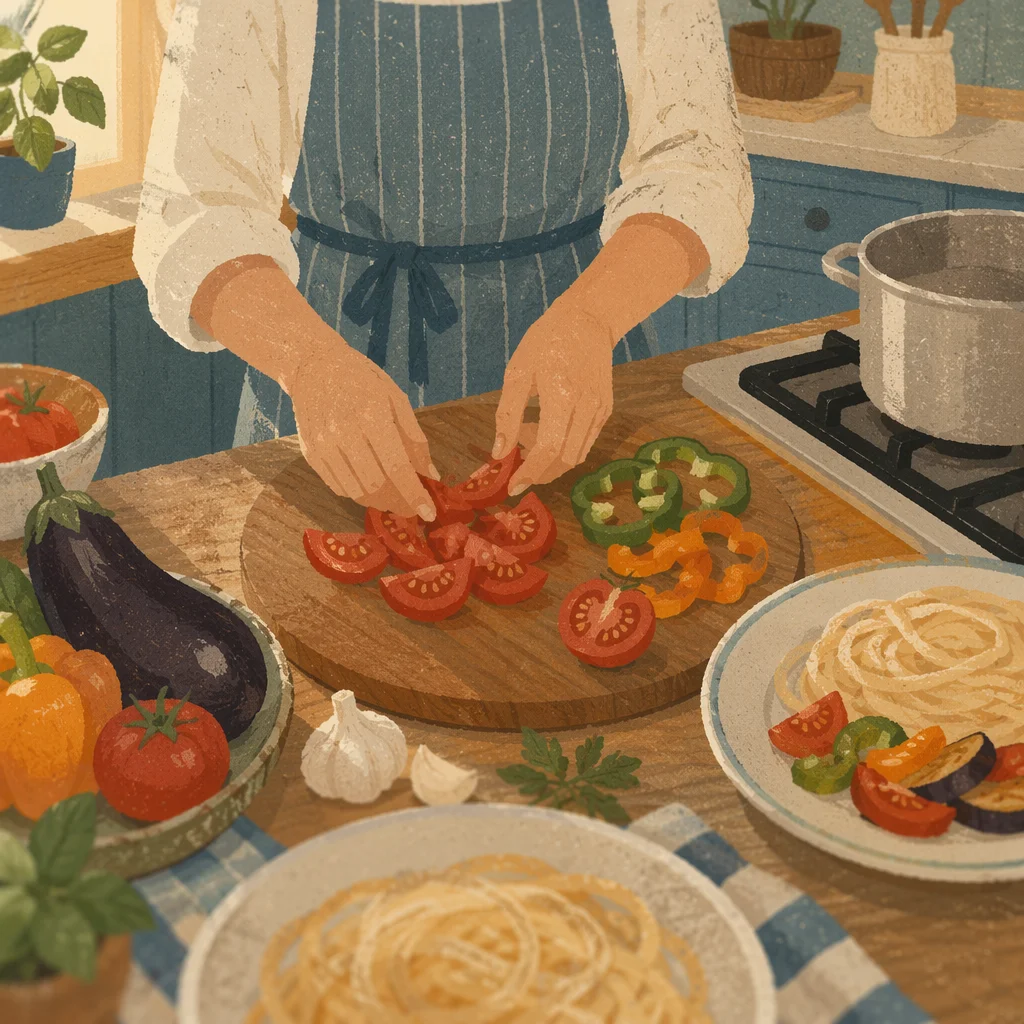 Cozy Kitchen Hands Preparing Vegetable Pasta
