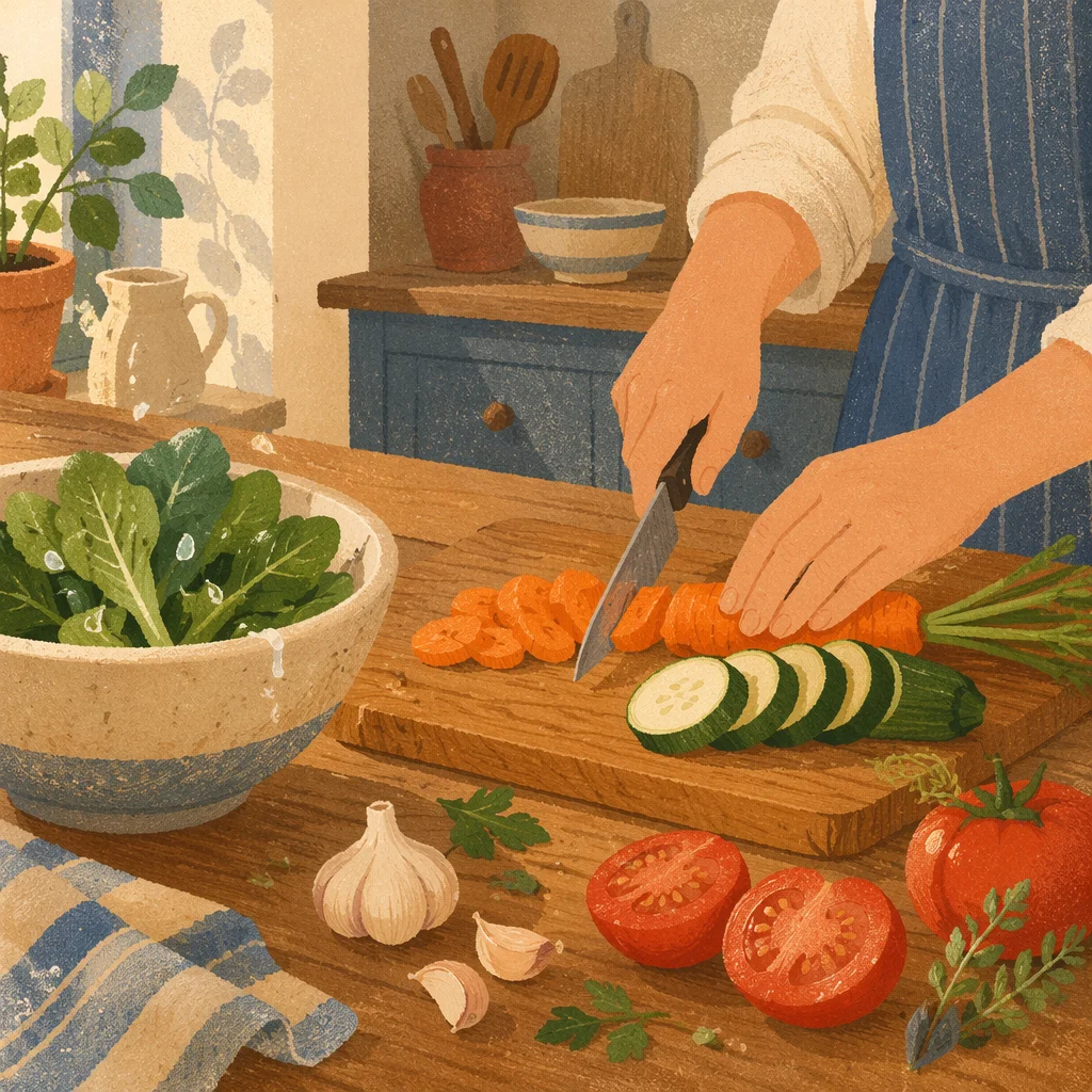 Hands Preparing Fresh Vegetables in Kitchen