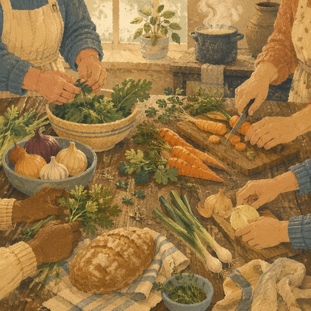 Hands Preparing Vegetables for Community Supper