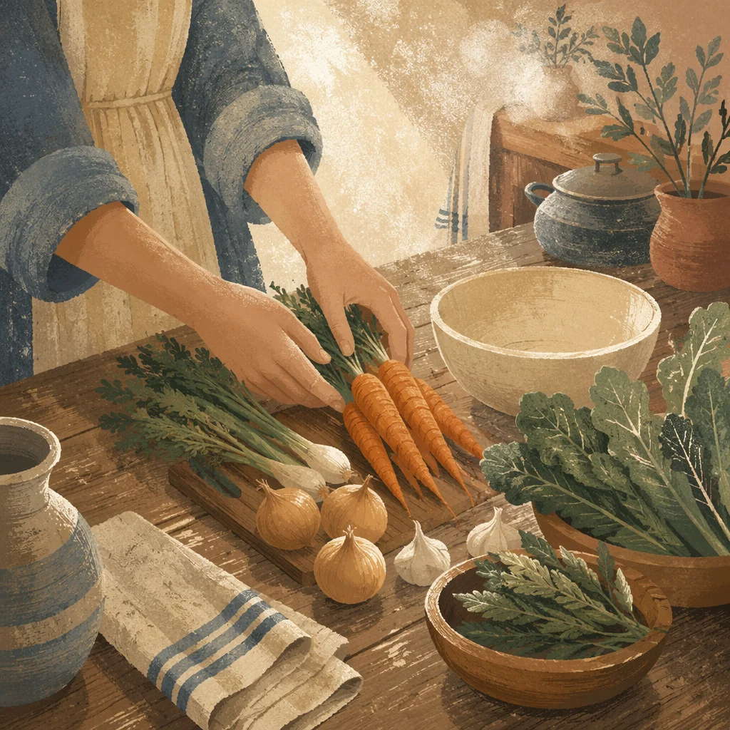 Hands Preparing Vegetables for Shared Meal