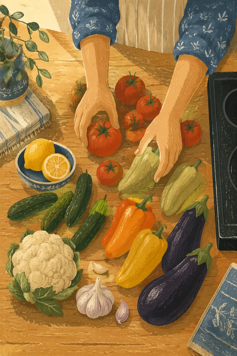 Hands Preparing Fresh Vegetables on Oak Countertop