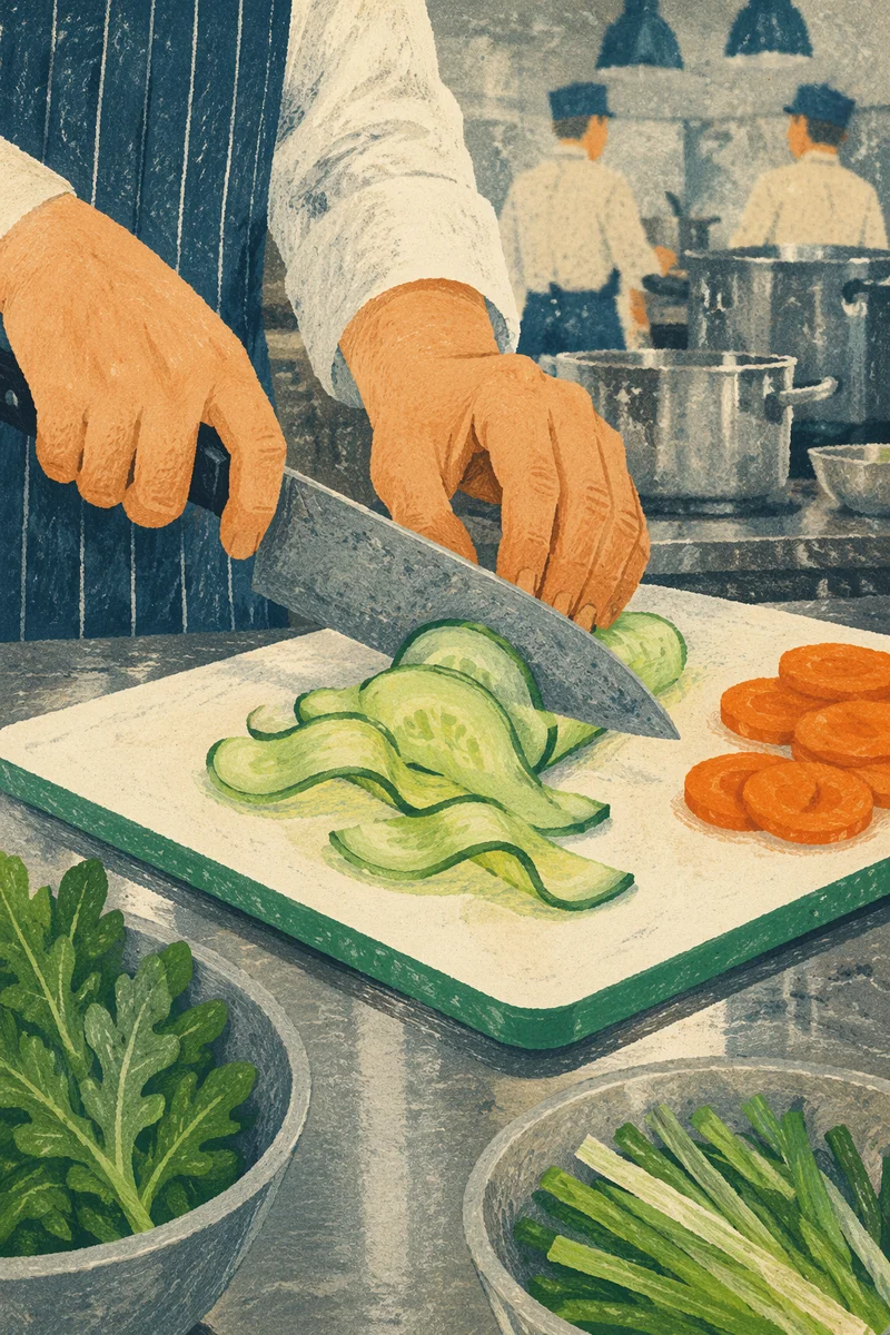 Chef Hands Slicing Fresh Vegetables