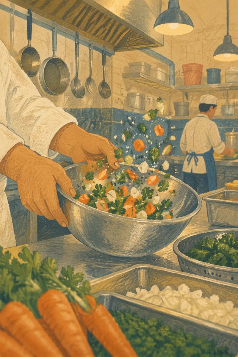 Hands Preparing Vegetables in Warm Kitchen