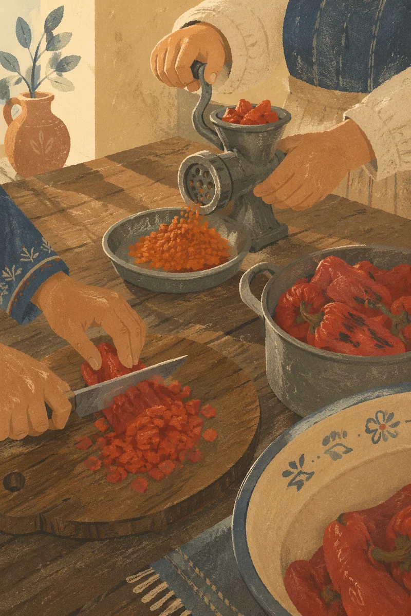 Communal Kitchen Hands Preparing Peppers