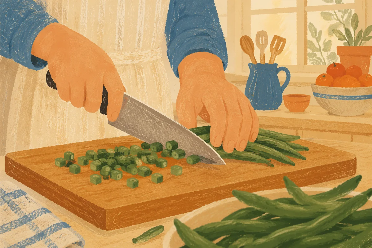 Hands Preparing Green Beans in Warm Kitchen