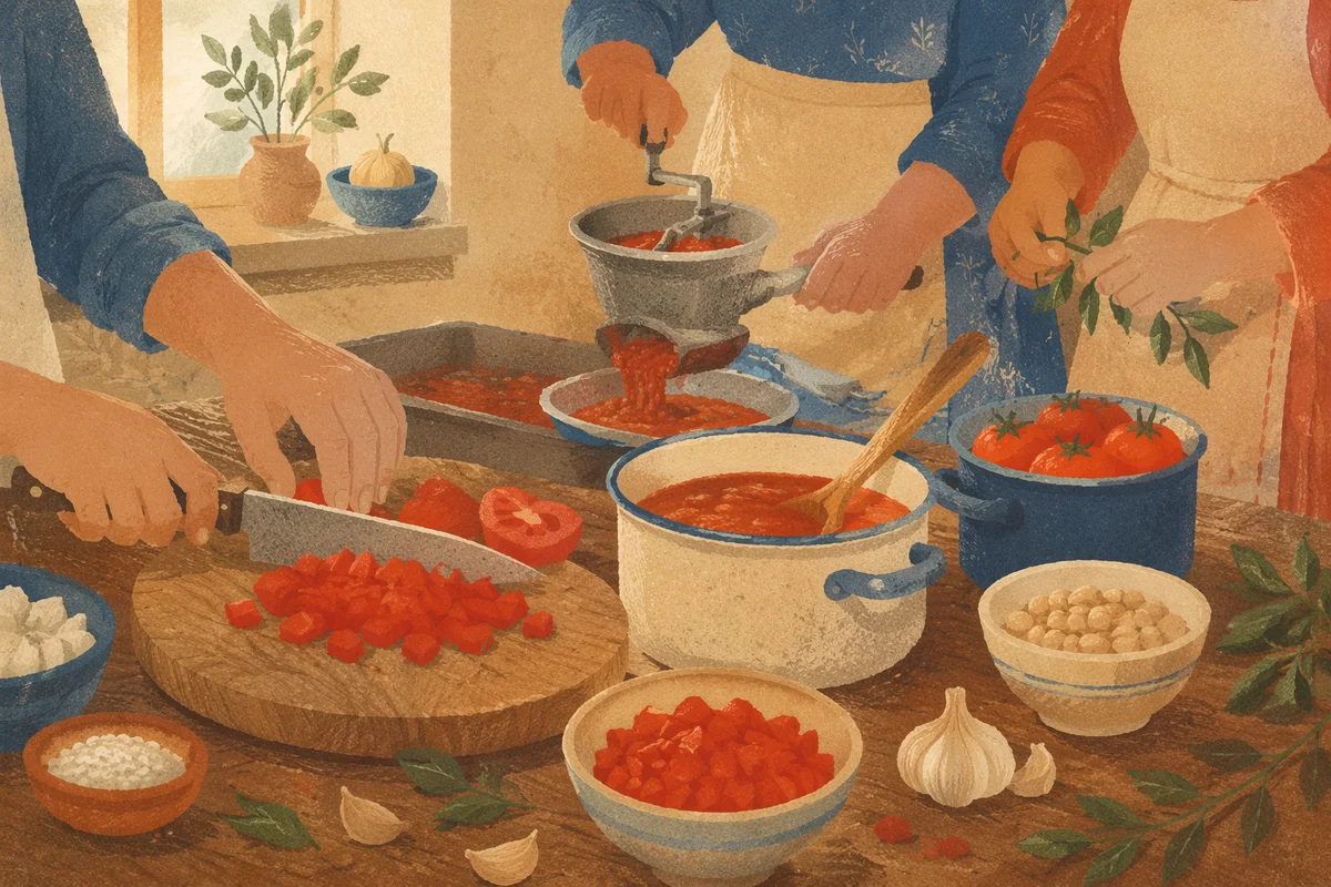 Hands Preparing Communal Meal at Rustic Table