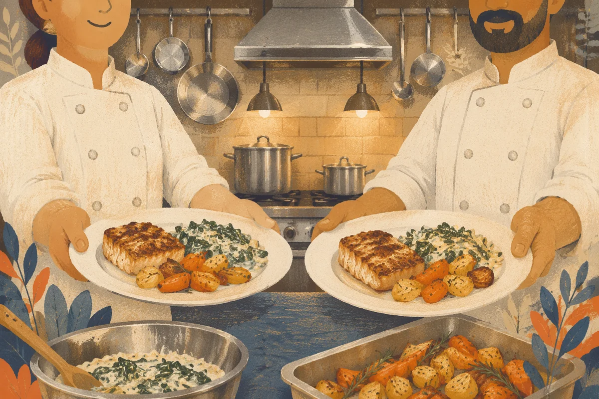 Cooks Serving Plates in Warm Kitchen