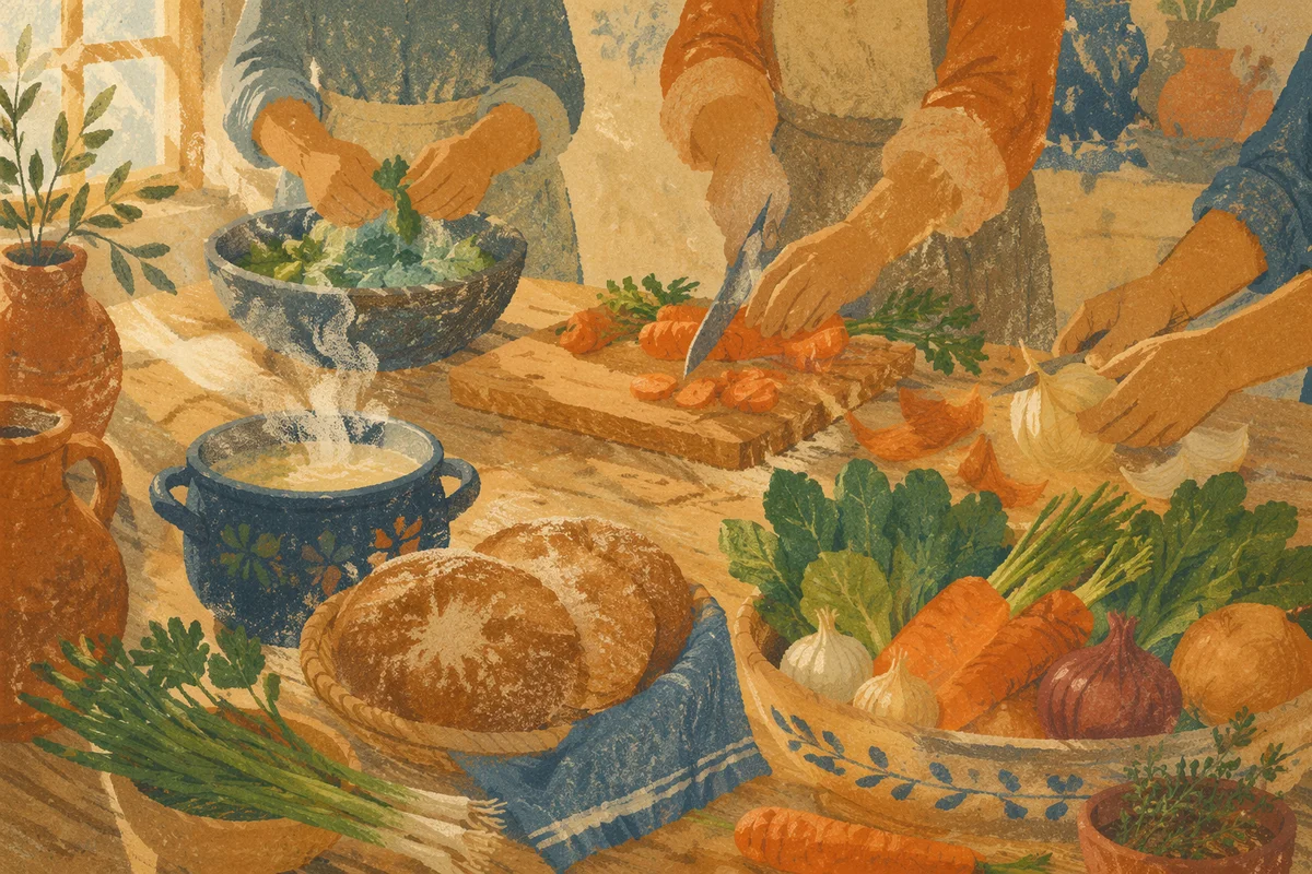 Hands Preparing Vegetables for Shared Meal
