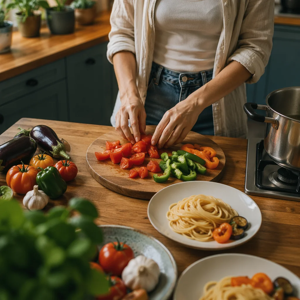 Cozy Kitchen Vegetable Pasta Preparation