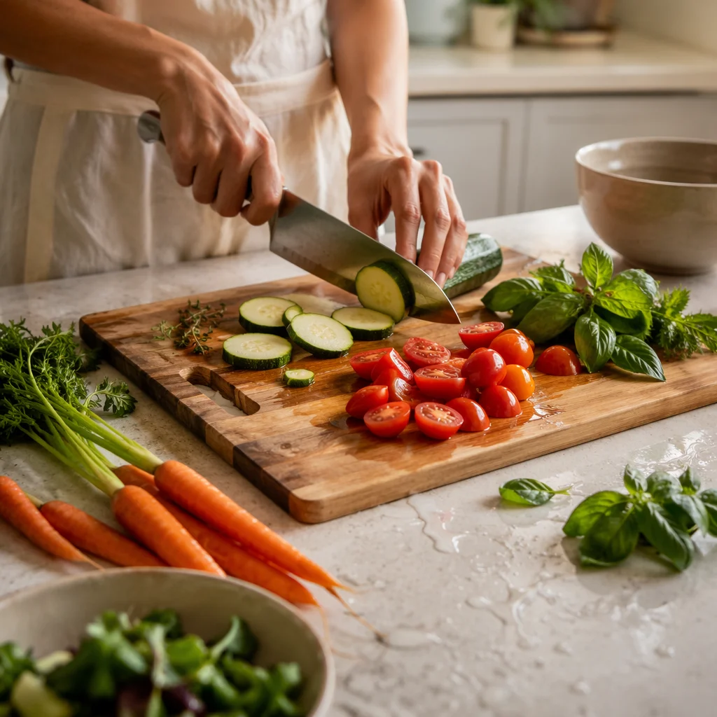 Hands Preparing Fresh Vegetables in Kitchen