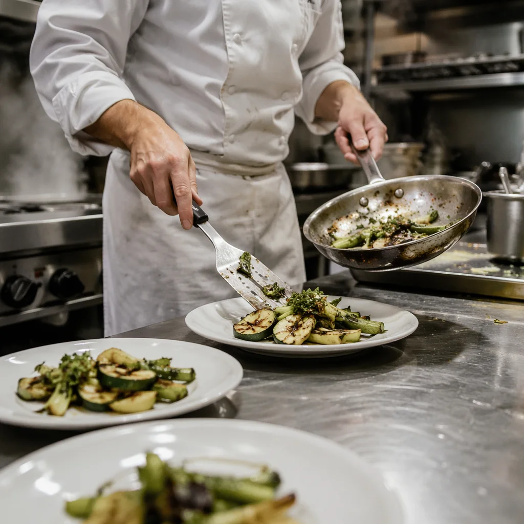 Chef Hands Plating Grilled Vegetables