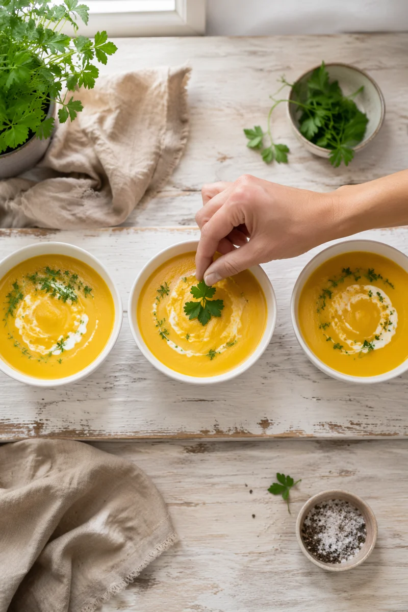 Homemade Vegetable Soup Garnished in Bright Kitchen