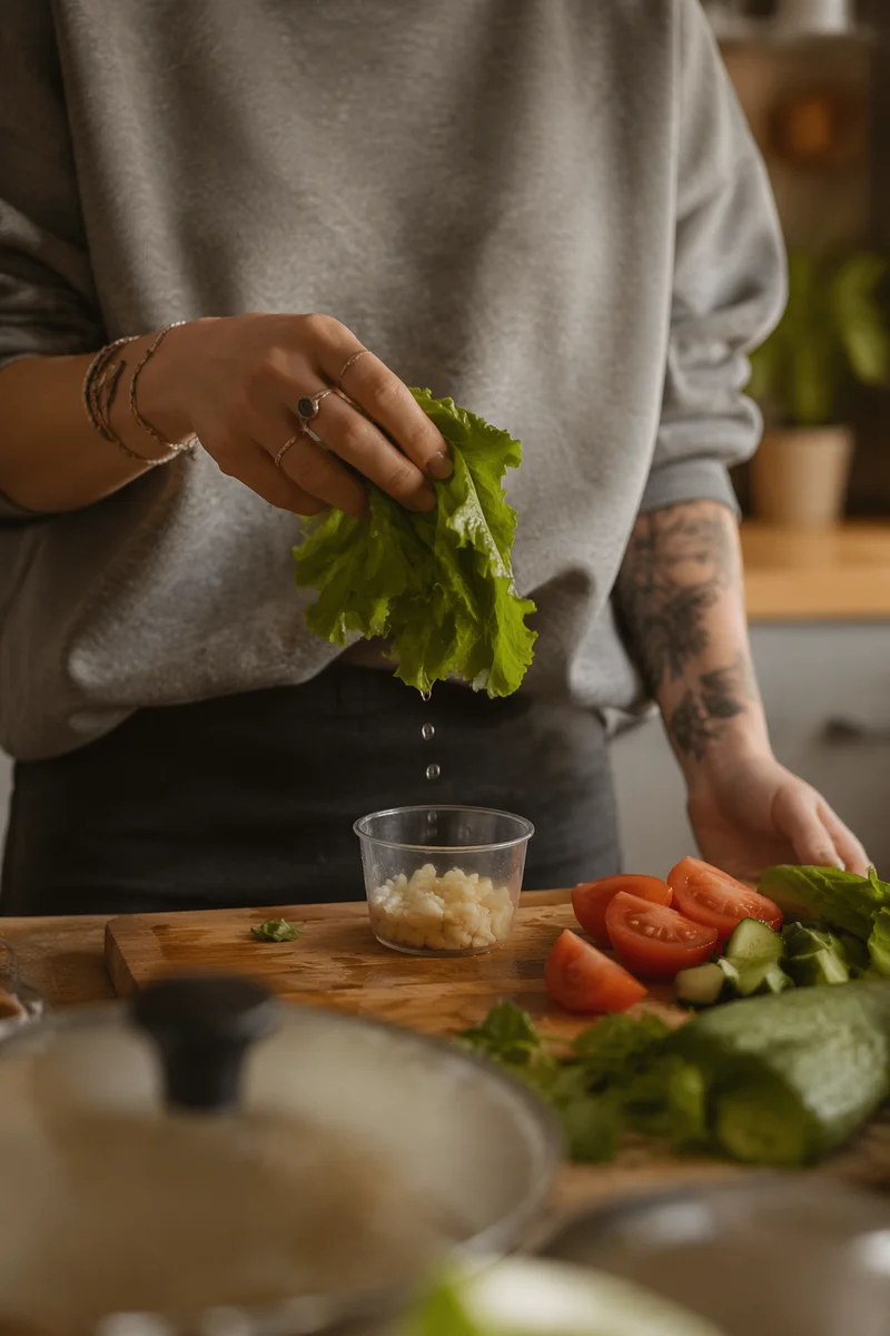 Hands Preparing Fresh Vegetables in Kitchen