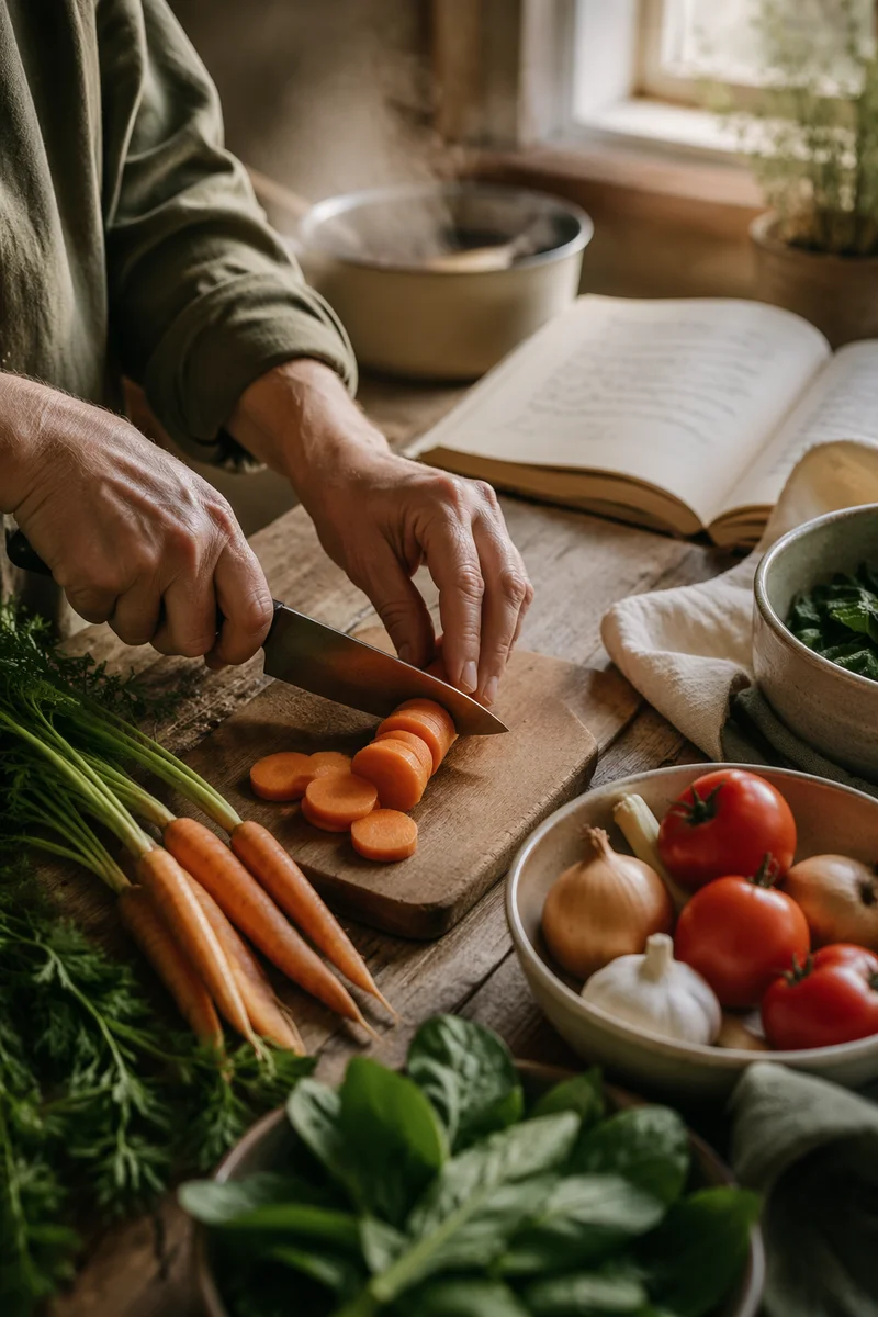 Hands Preparing Vegetables in Morning Kitchen