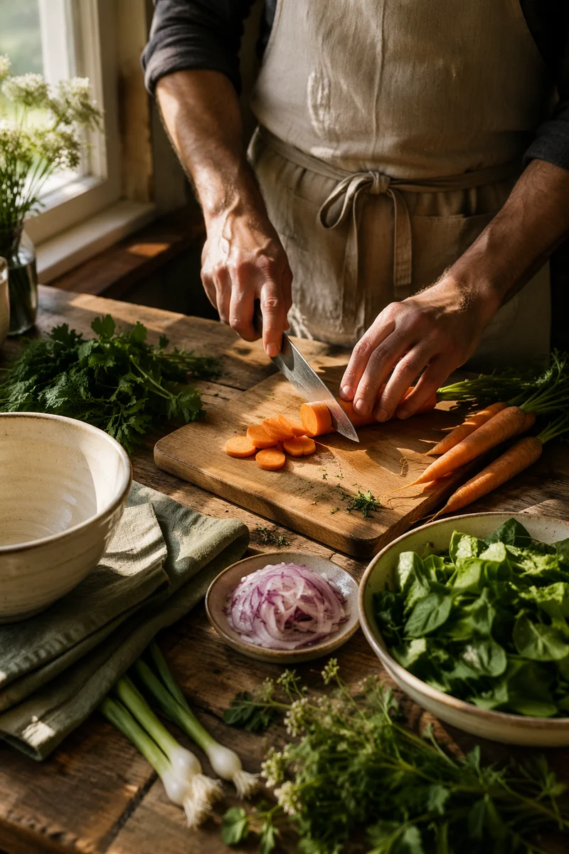 Hands Preparing Vegetables for Shared Meal