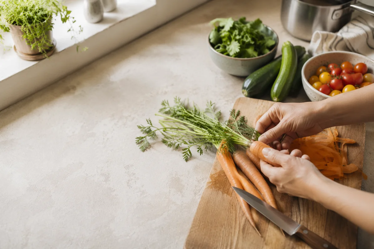 Hands Preparing Fresh Vegetables in Kitchen