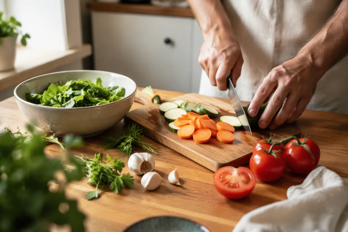 Hands Preparing Fresh Vegetables in Kitchen
