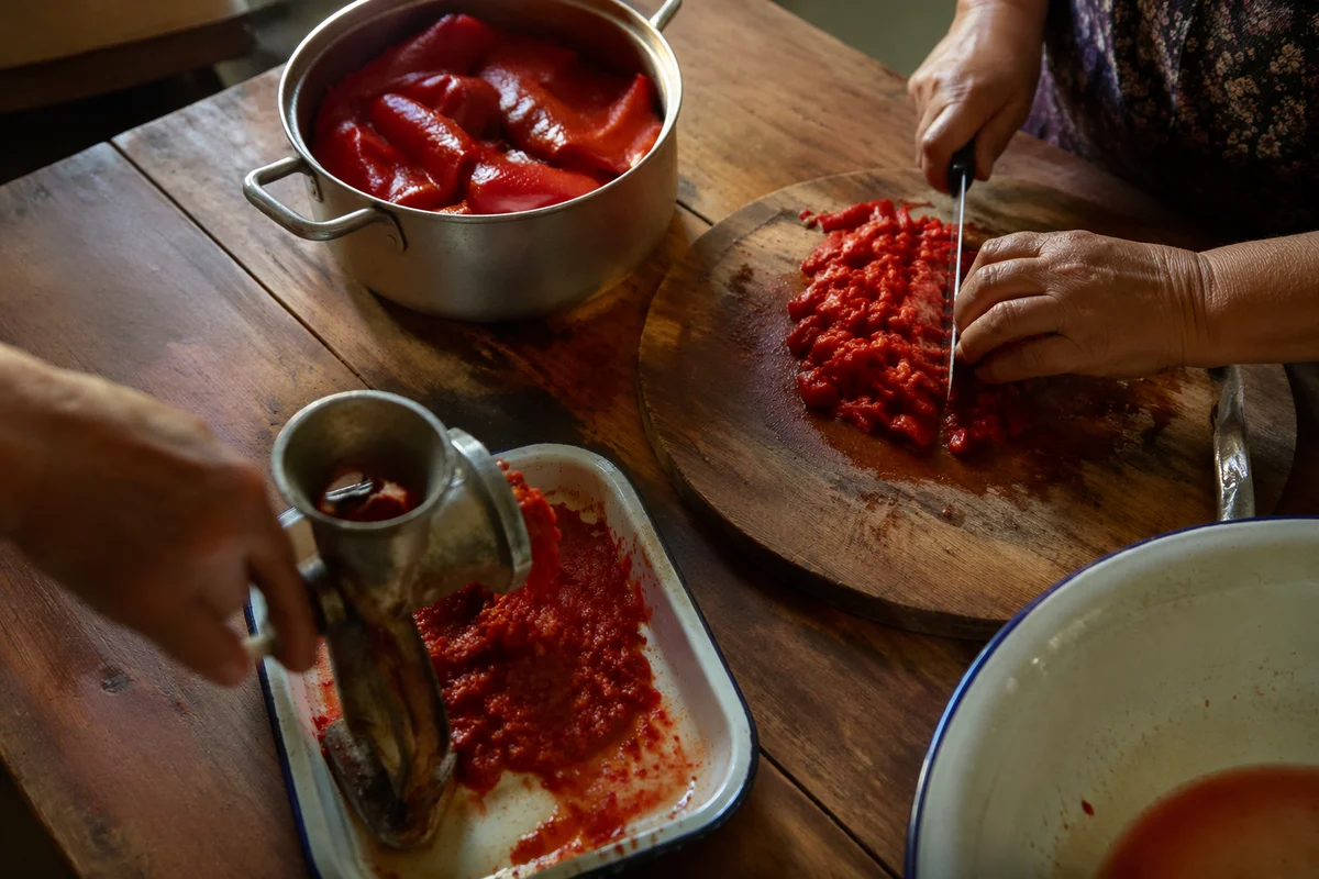 Communal Kitchen Hands Preparing Roasted Peppers