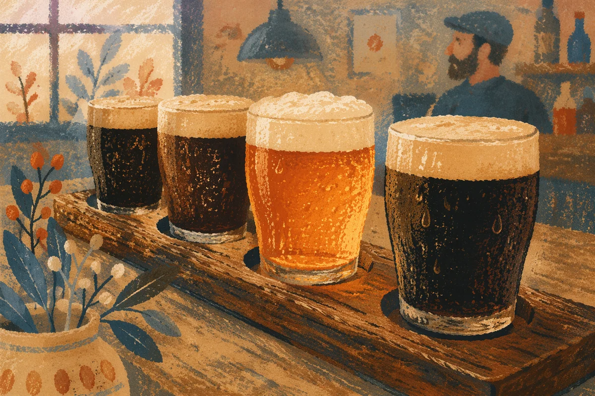 Amber Craft Beer Flight on Rustic Bar