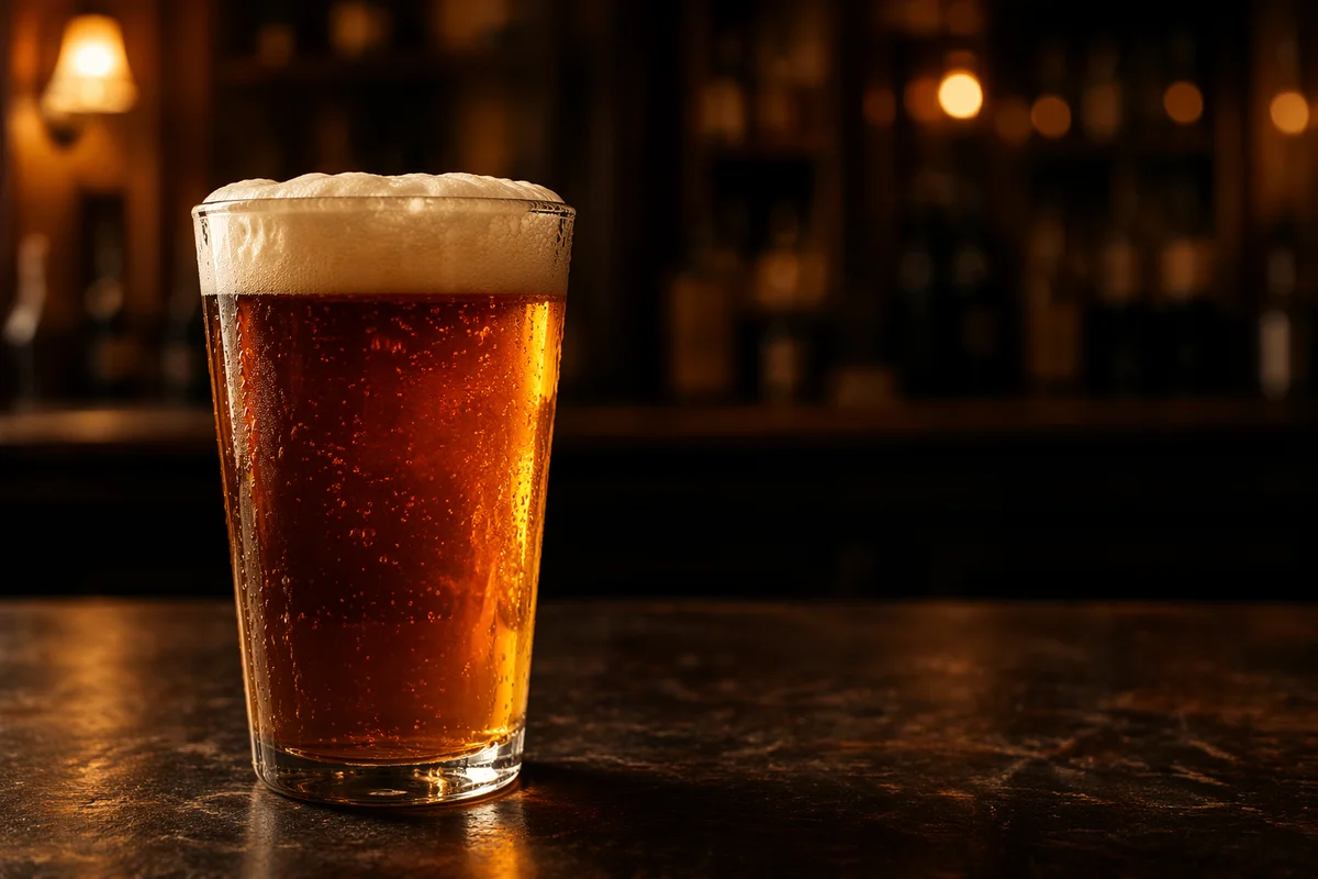 Amber Craft Beer Glass on Pub Bar