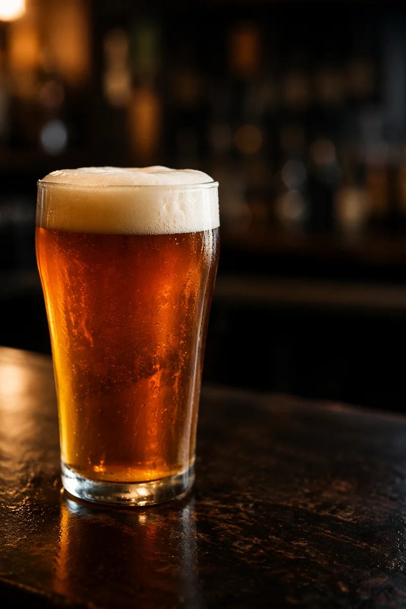 Amber Craft Beer Glass on Pub Bar