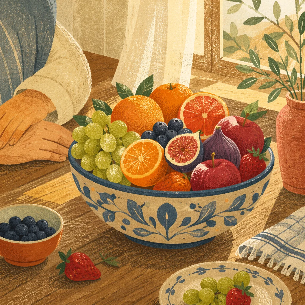 Colorful Fresh Fruit Bowl in Morning Light