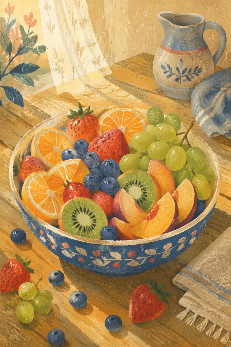 Colorful Fresh Fruit Bowl on Rustic Table