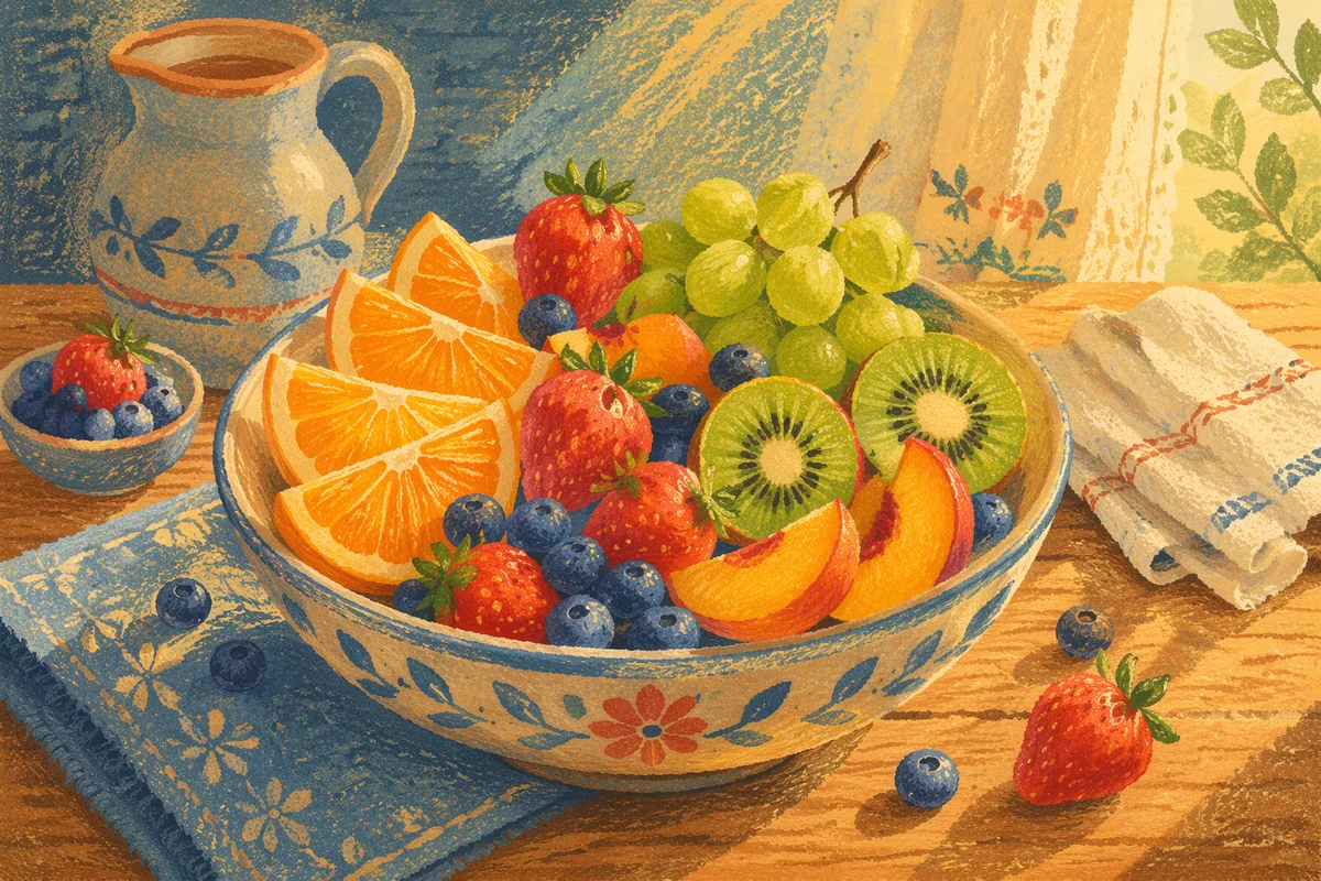 Colorful Fresh Fruit Bowl on Rustic Table