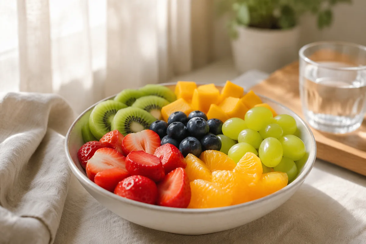 Sunlit Fresh Fruit Bowl Breakfast Scene
